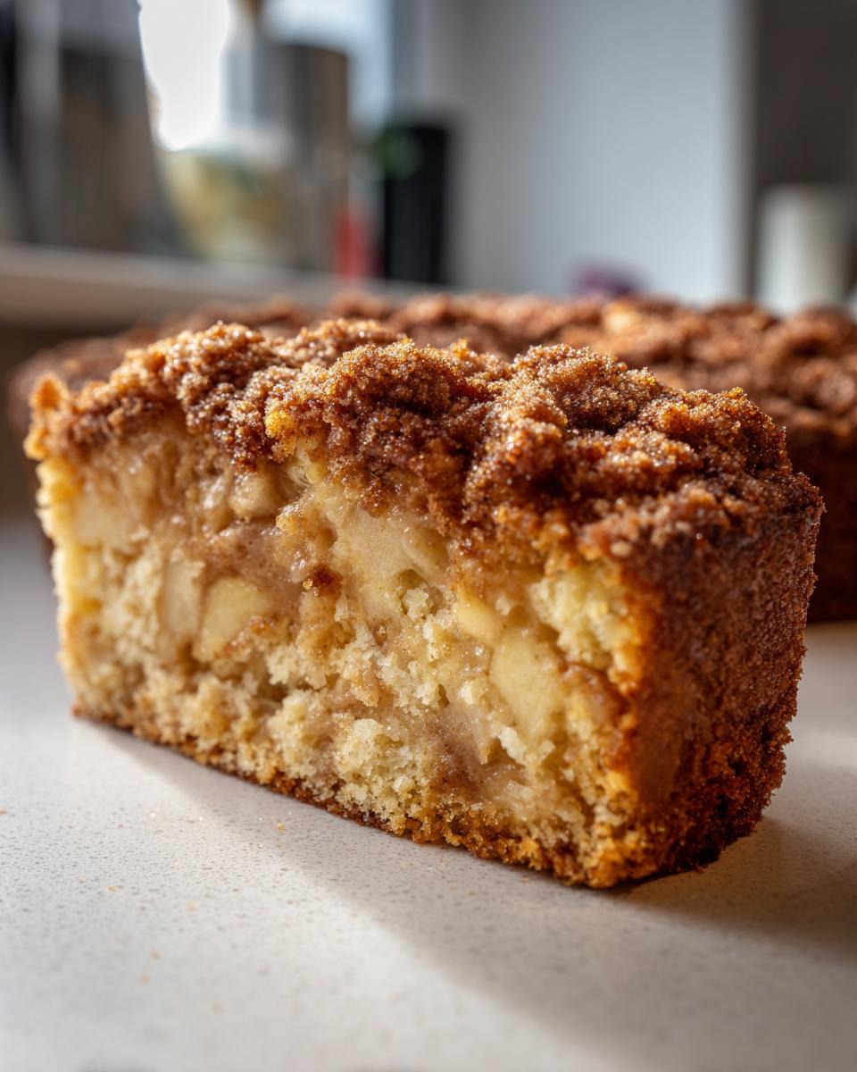 Close-up of a moist slice of jewish apple cake showing tender cake, chunks of apple, and a thick cinnamon crumb topping.
