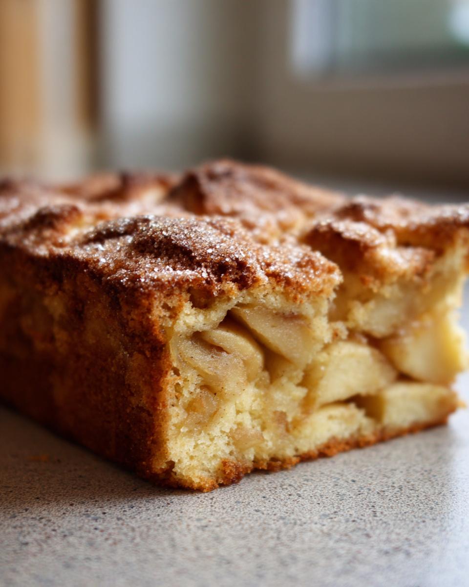 Close-up of a moist slice of jewish apple cake showing tender baked apple pieces inside and a sugary crust.