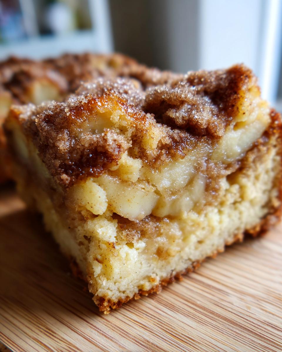 Close-up of a moist slice of jewish apple cake showing tender cake, baked apple chunks, and a sugary cinnamon crumble topping.