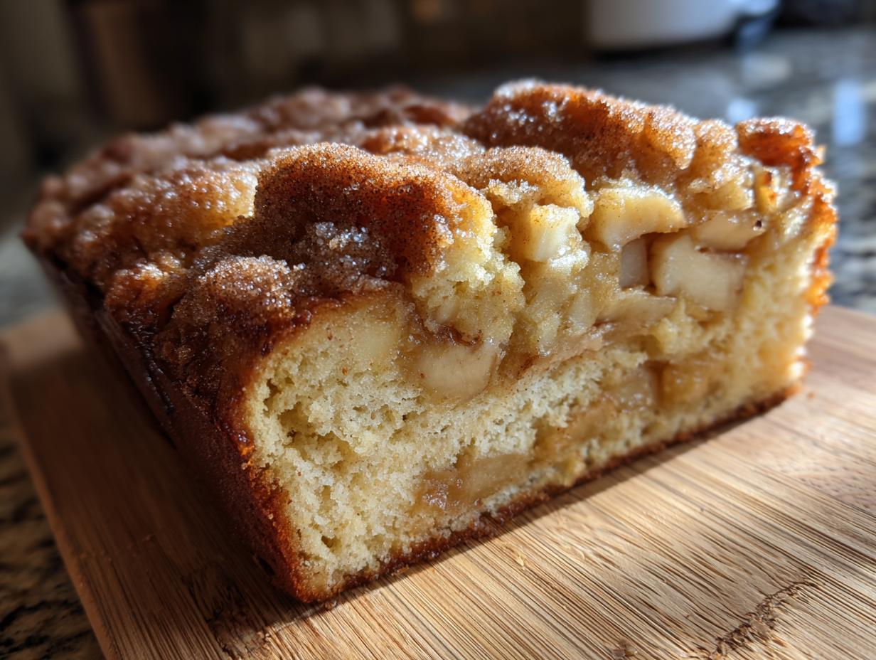 A close-up of a moist slice of jewish apple cake showing chunks of apple and a sugary cinnamon topping.