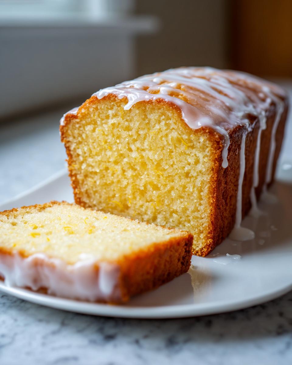 A moist lemon pound cake loaf, partially sliced, drizzled generously with white lemon glaze.
