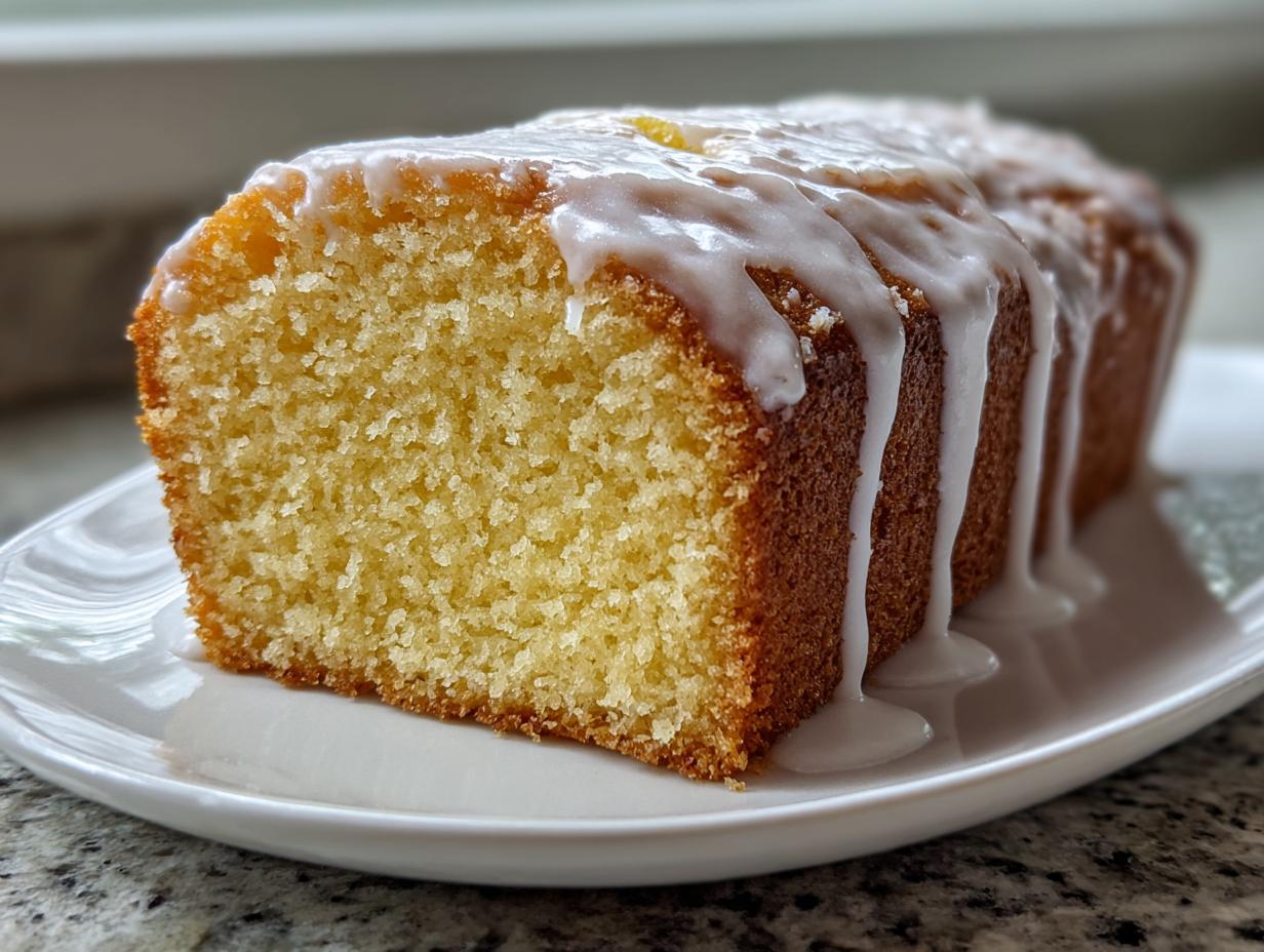 Close-up of a slice of moist lemon pound cake topped with thick, white glaze dripping down the sides.