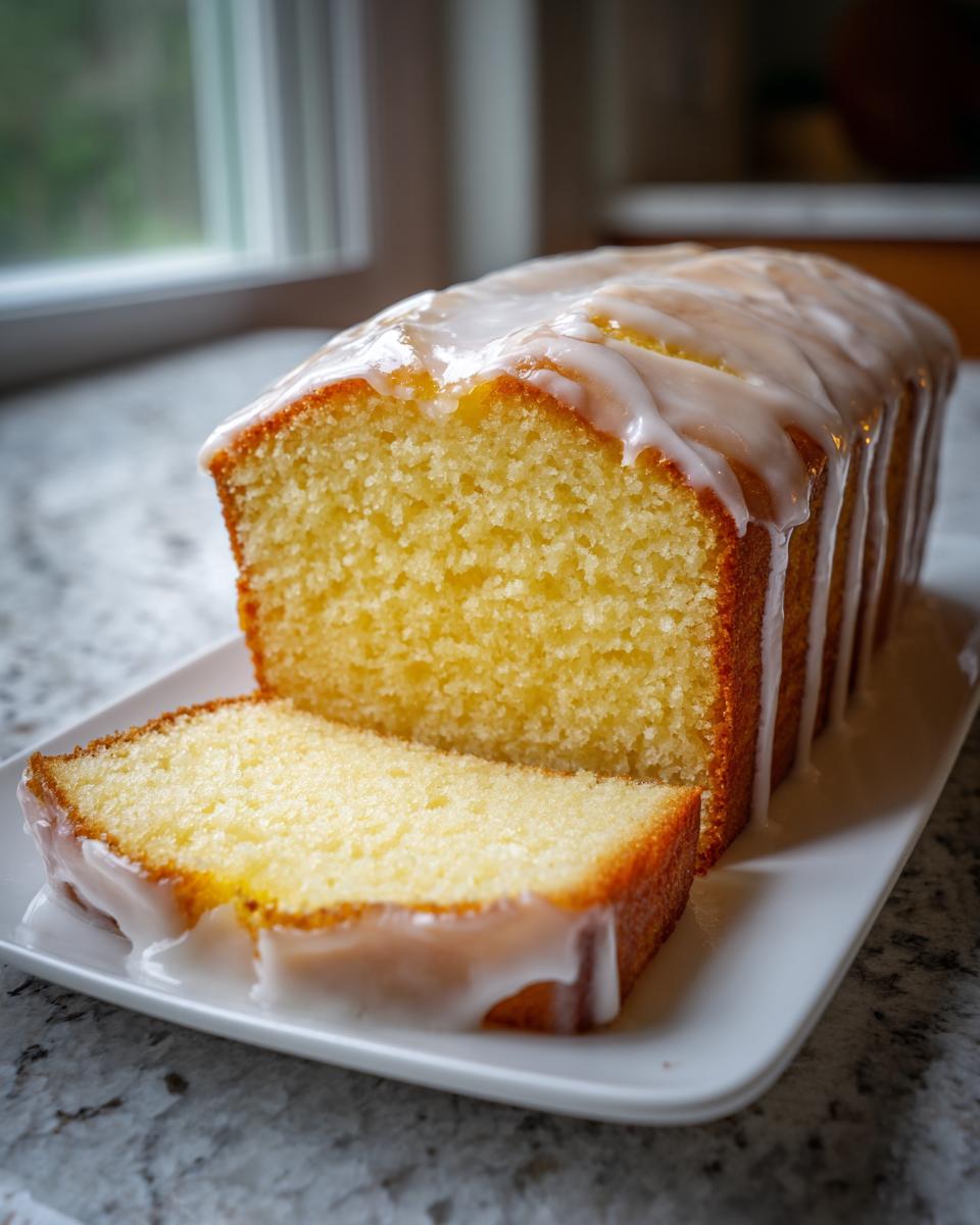 A moist lemon pound cake, drizzled with white glaze, with one slice cut and resting against the loaf.