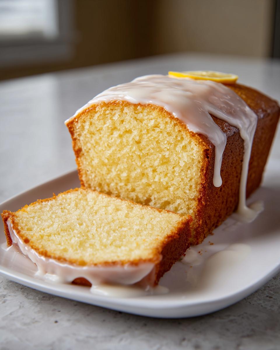 A close-up of a freshly baked lemon pound cake, drizzled with white glaze and one slice cut and resting beside it.