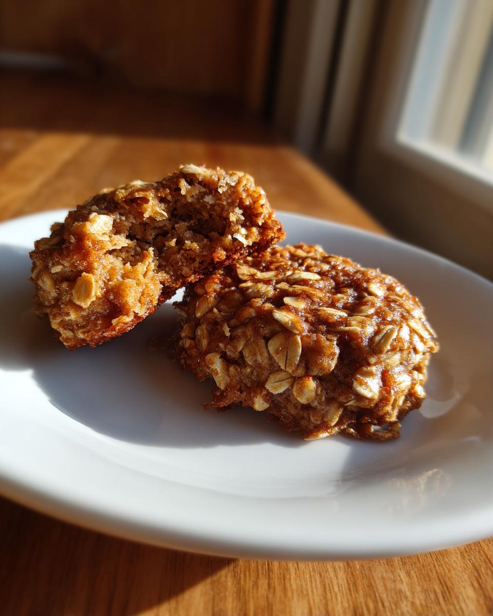 Two moist oatmeal applesauce cookies, one broken open to show texture, sitting on a white plate.