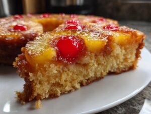 A close-up slice of moist pineapple upside down cake topped with caramelized pineapple rings and bright red cherries.