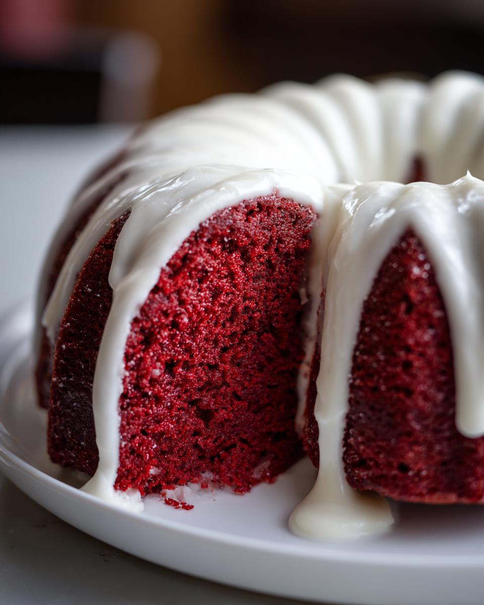 Close-up of a vibrant red velvet bundt cake with a thick white cream cheese glaze dripping down the sides.