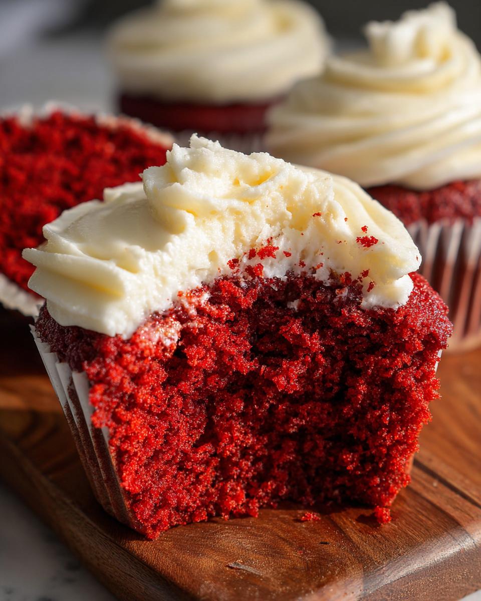 Close-up of a moist red velvet cupcakes with a bite taken out, showing the vibrant red crumb and thick cream cheese frosting.