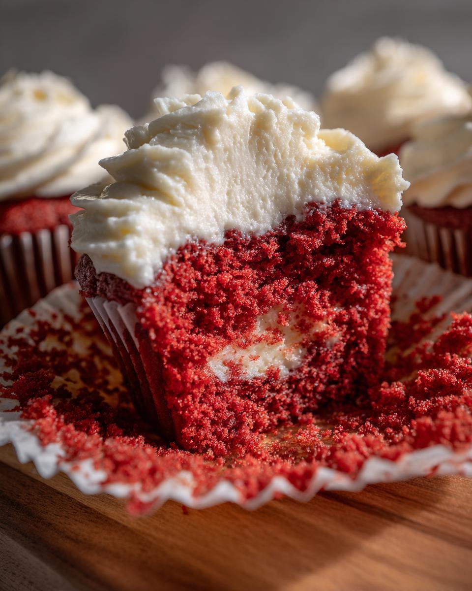 Close-up of a red velvet cupcake cut in half showing moist texture and cream cheese filling, highlighting the best red velvet cupcakes.
