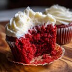 Close-up of a moist red velvet cupcakes cut in half showing the crumb and thick cream cheese frosting.