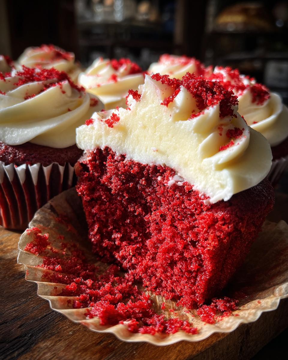 Close-up of a moist red velvet cupcakes cut in half showing the vibrant red crumb and cream cheese frosting.