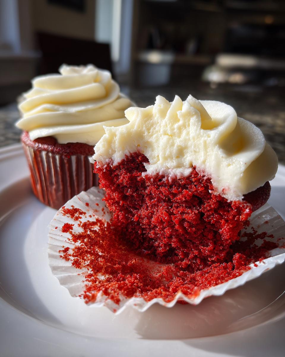 Close-up of a moist red velvet cupcakes cut in half showing the crumb texture and cream cheese frosting.