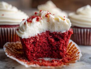 Close-up of a red velvet cupcakes cut in half showing moist crumb and cream cheese frosting.