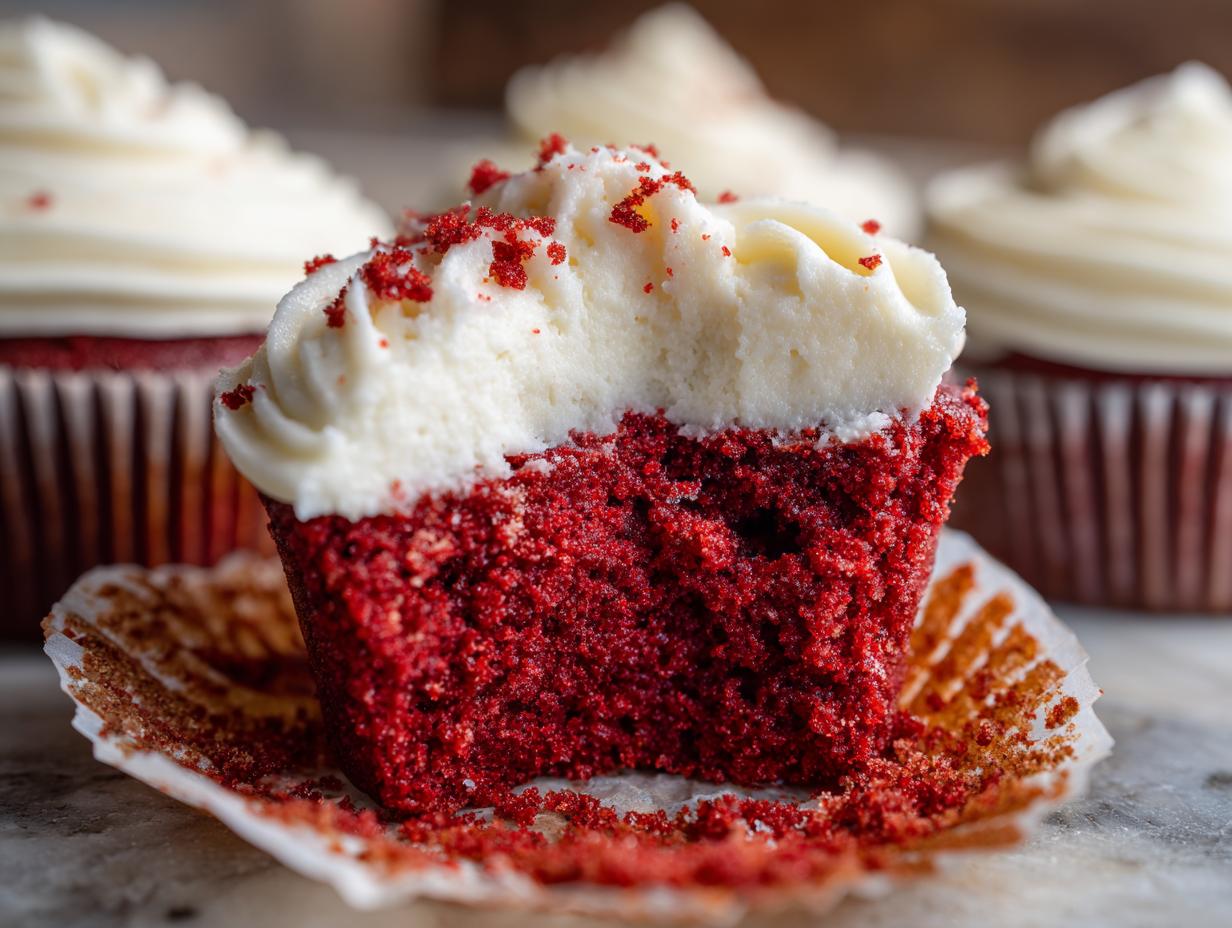 Close-up of a red velvet cupcakes cut in half showing moist crumb and cream cheese frosting.