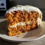 Close-up of a moist slice of carrot cake recipe showing visible shredded carrots and thick cream cheese frosting layers.