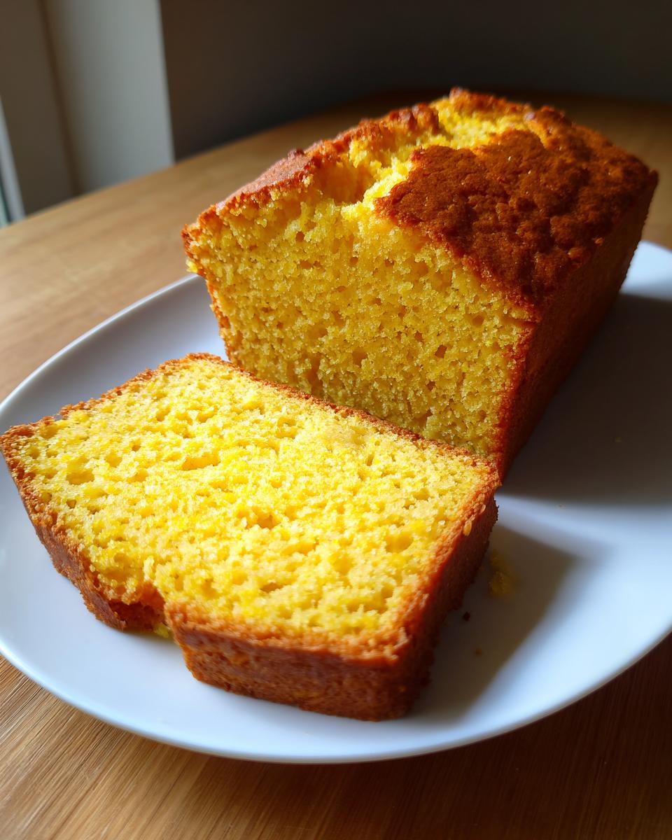 A golden-brown loaf of moist sourdough cornbread, with one thick slice cut and resting beside it on a white plate.