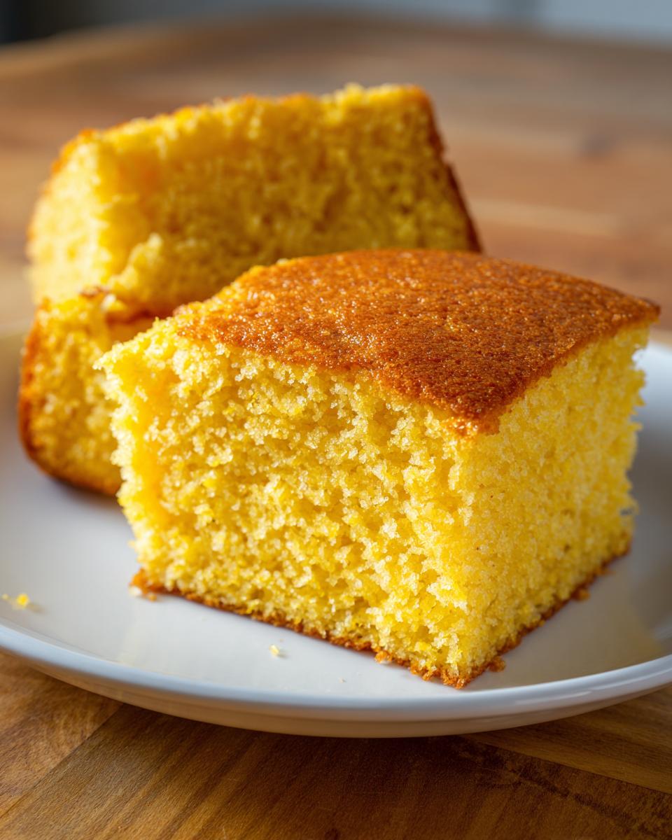 Close-up of two moist slices of golden sourdough cornbread served on a white plate.