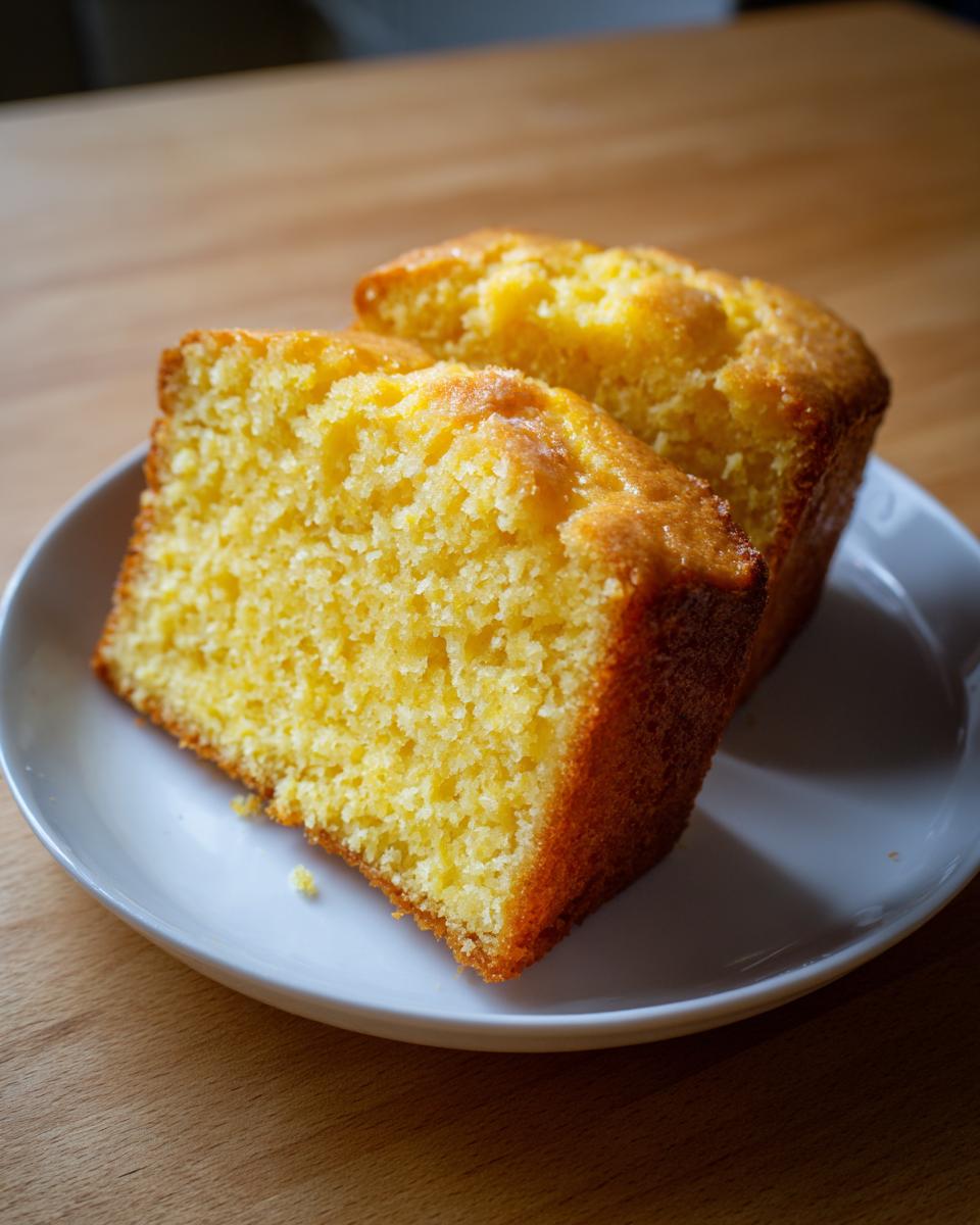 Two moist slices of golden yellow sourdough cornbread resting on a small white plate.
