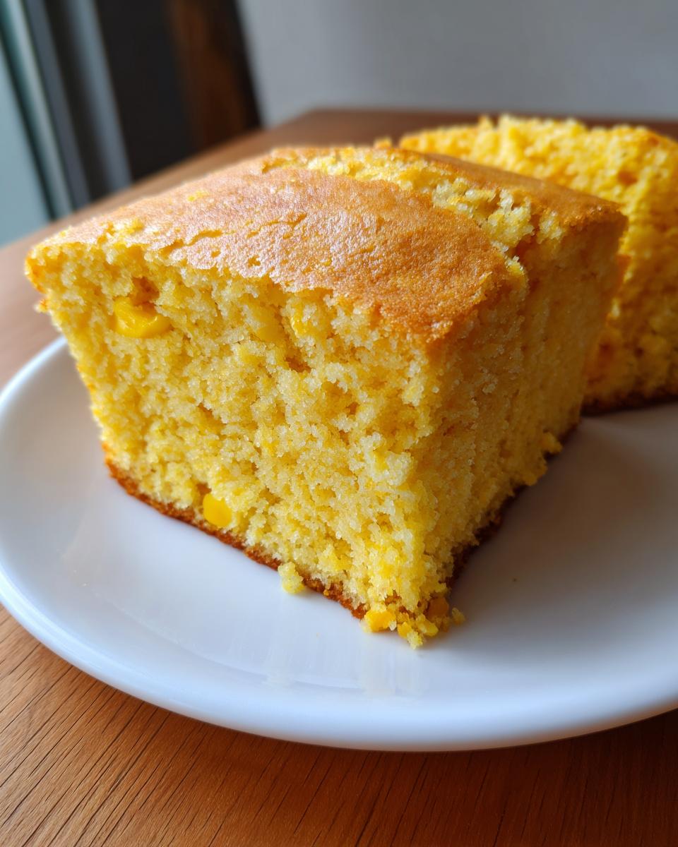 Close-up of two moist slices of golden yellow sourdough cornbread, featuring visible corn kernels, served on a white plate.