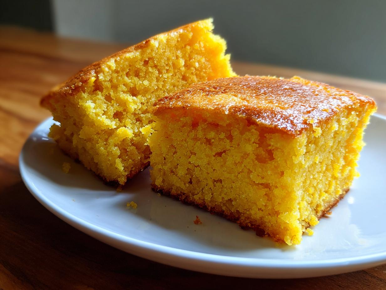 Two moist squares of golden sourdough cornbread resting on a white plate, showing a tender crumb.