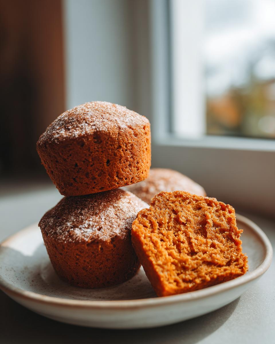 Close-up of moist sweet potato muffins, one cut open to show the texture, dusted with powdered sugar.
