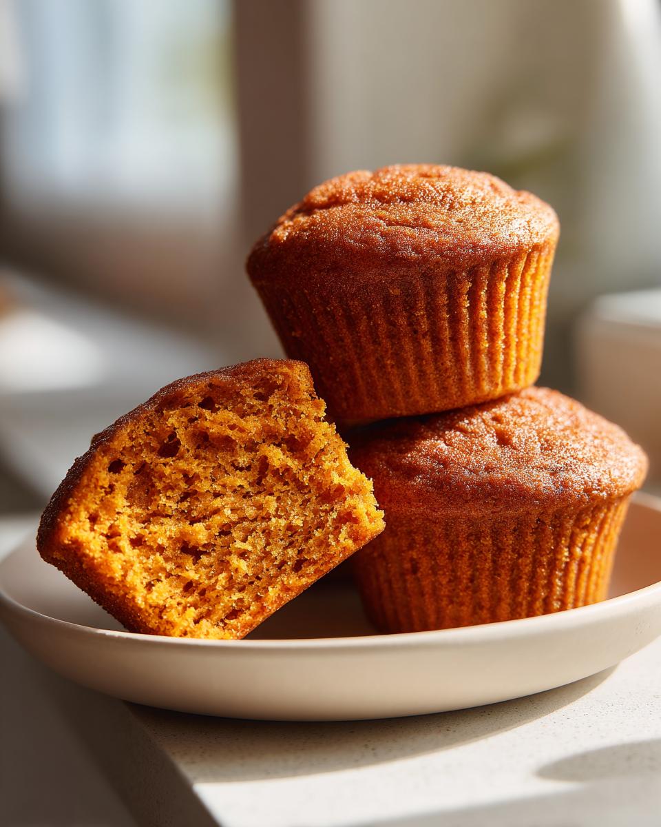 Close-up of two whole sweet potato muffins stacked, with one cut in half showing the moist, orange crumb texture.