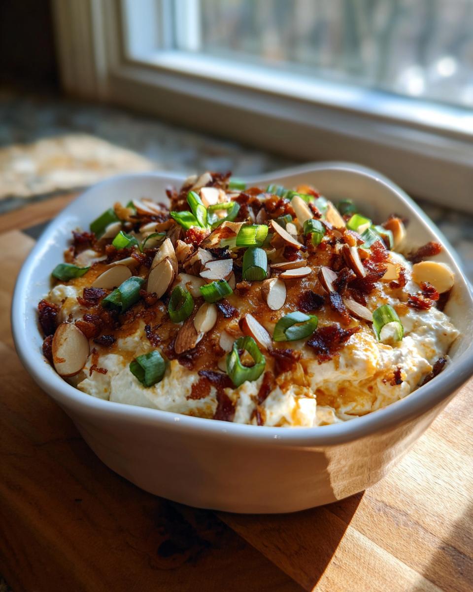 A creamy Neiman Marcus dip served in a white bowl, topped generously with bacon bits, sliced almonds, and green onions.