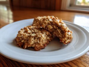 Three textured oatmeal applesauce cookies, one broken in half, displayed on a white plate.