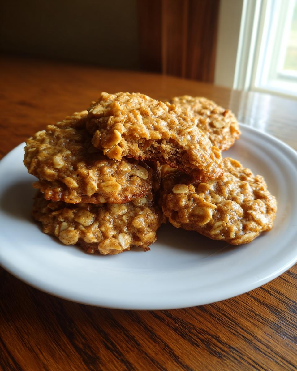 A stack of four golden brown oatmeal applesauce cookies resting on a white plate, with one cookie broken open.