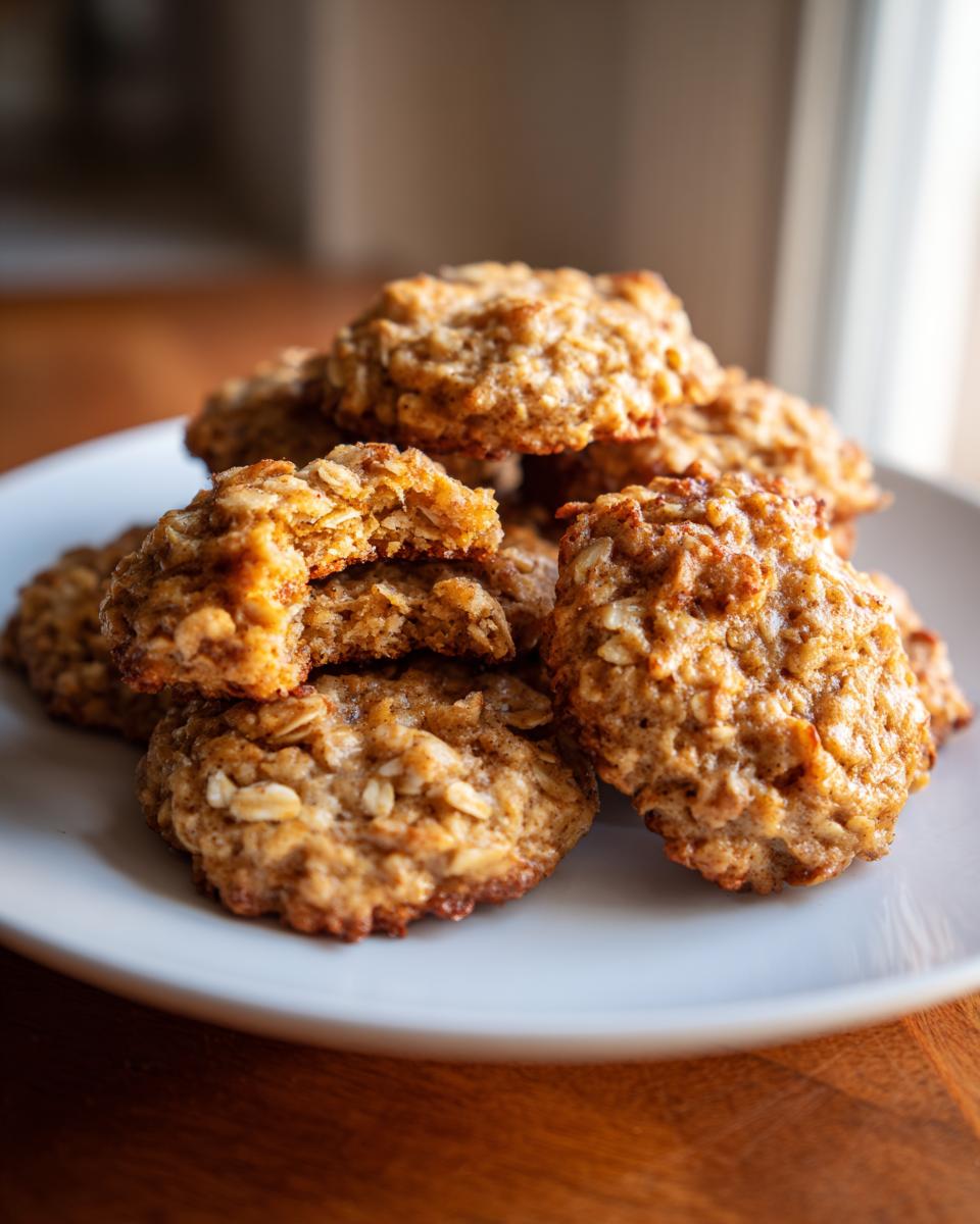A close-up stack of golden brown oatmeal applesauce cookies piled on a white plate.