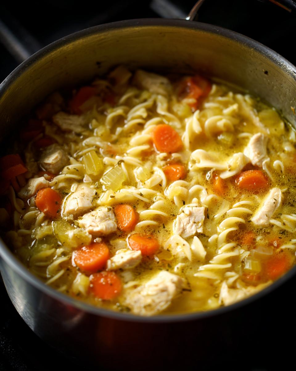 Close-up of homemade chicken noodle soup with carrots and egg noodles simmering in a stainless steel pot.