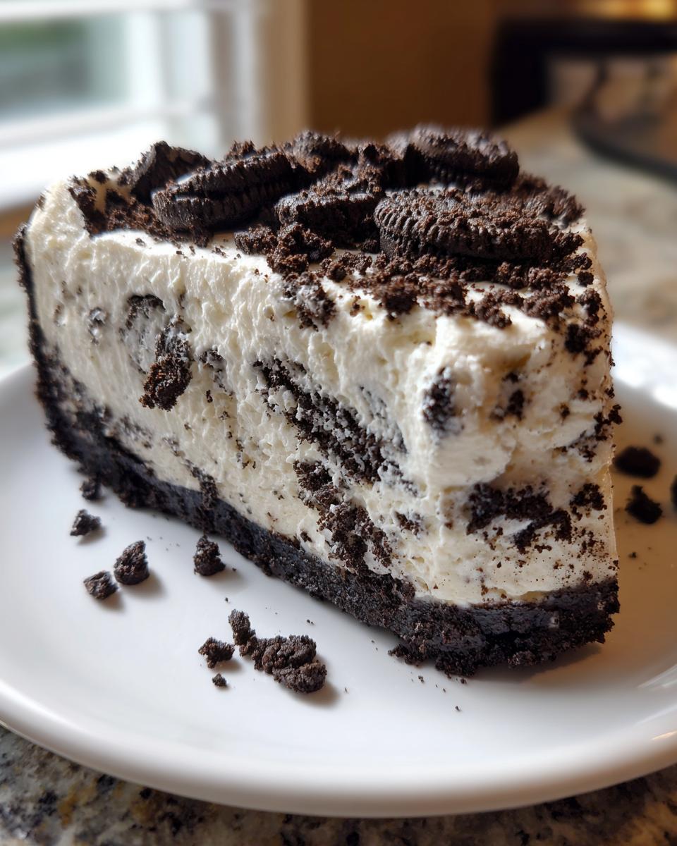 A perfect slice of no-bake oreo cheesecake with a thick cookie crust and creamy filling, topped with crushed Oreos.
