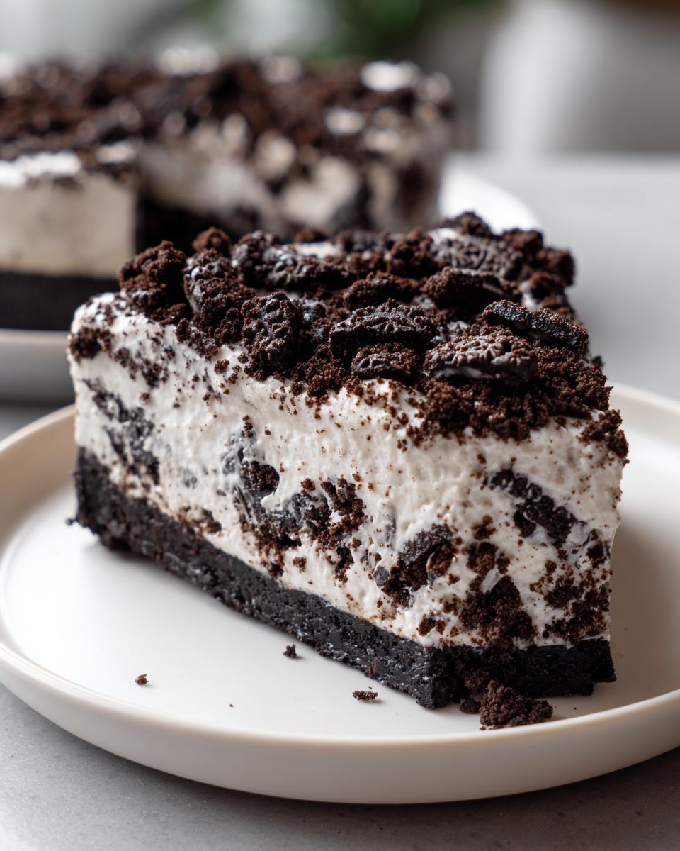 A close-up slice of creamy, no-bake Oreo cheesecake with a dark chocolate crust and crushed Oreo topping.