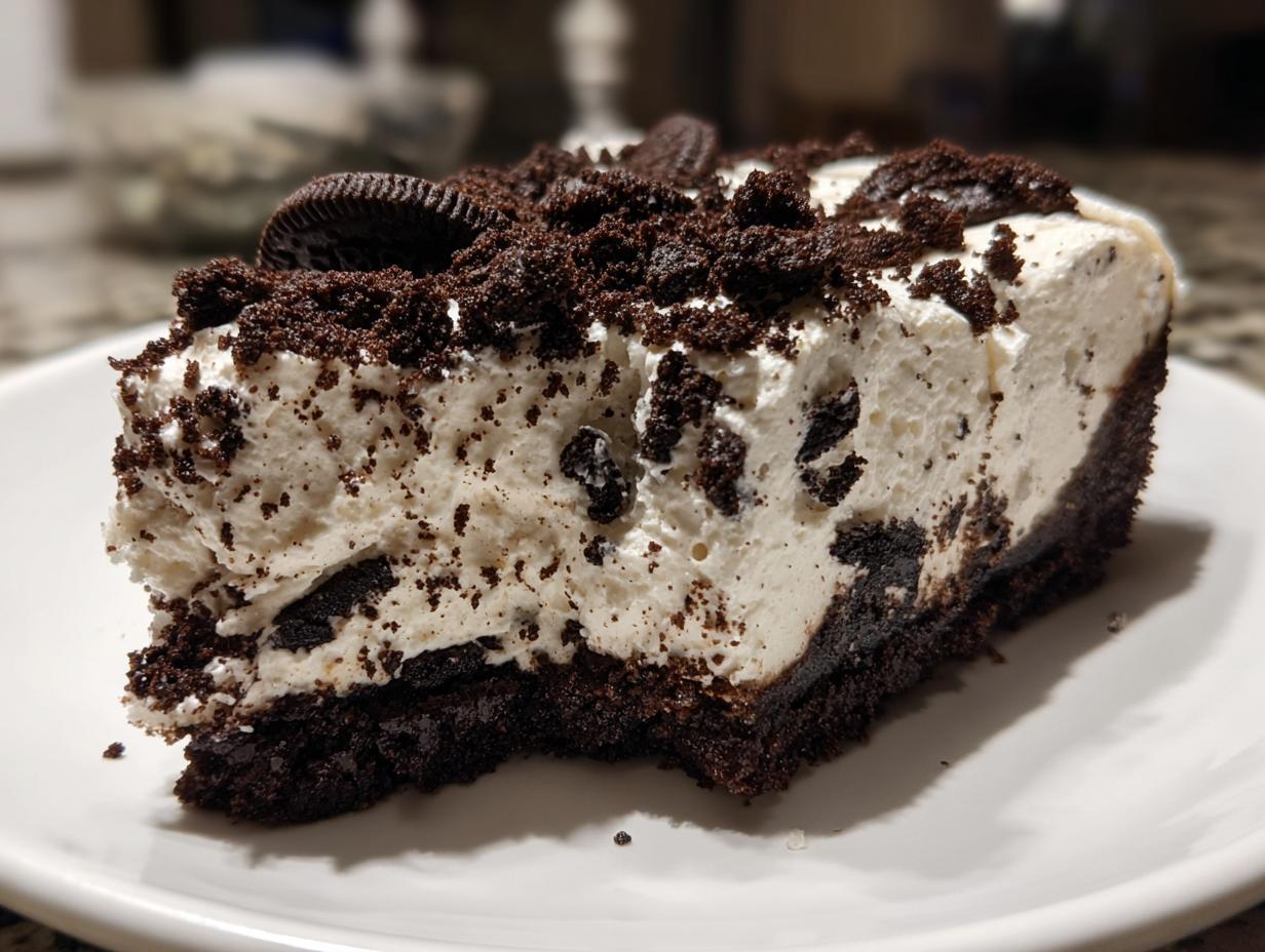 A close-up of a rich slice of no-bake oreo cheesecake with a dark crust and creamy filling.