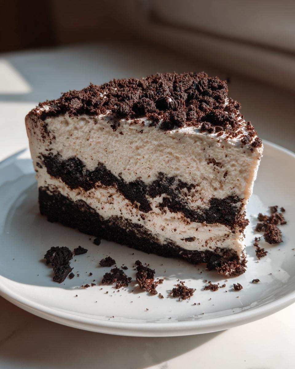 A tall slice of creamy Oreo dirt cake showing layers of white filling and dark chocolate cookie crumbs.