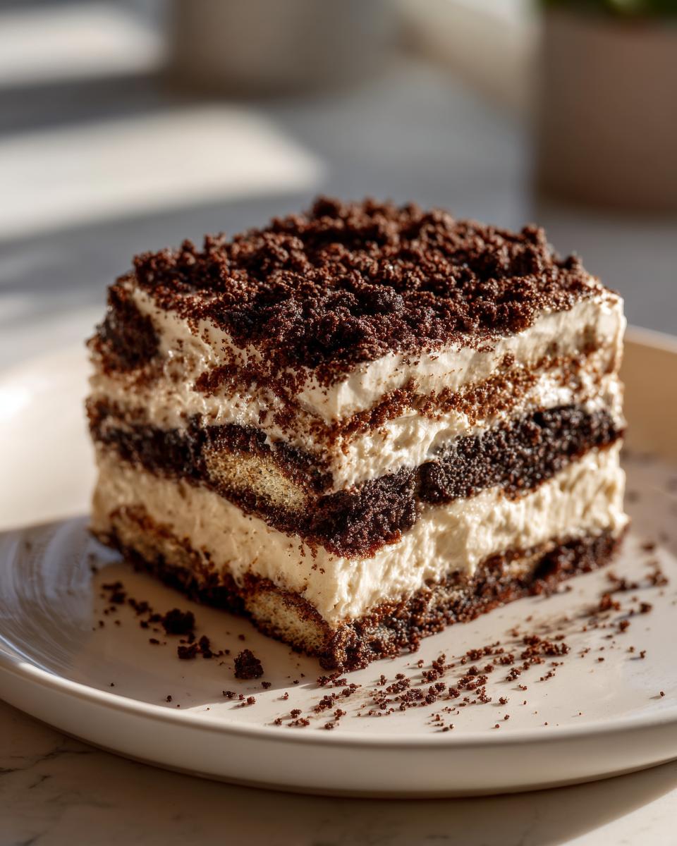 A square slice of layered Oreo dirt cake showing alternating dark cookie crumbs and light cream filling, topped with crumbs.