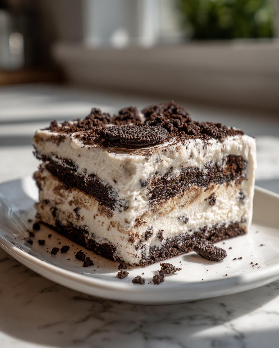 A rich, layered slice of Oreo dirt cake featuring cream filling and crushed chocolate cookies on top.
