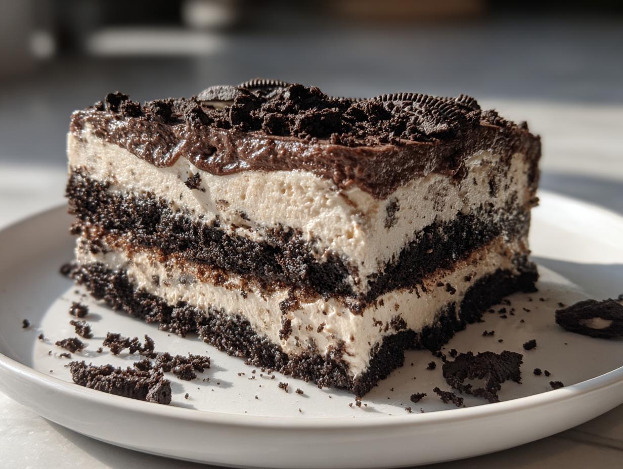A thick slice of no-bake Oreo dirt cake showing alternating layers of chocolate cookie crumbs and creamy filling.