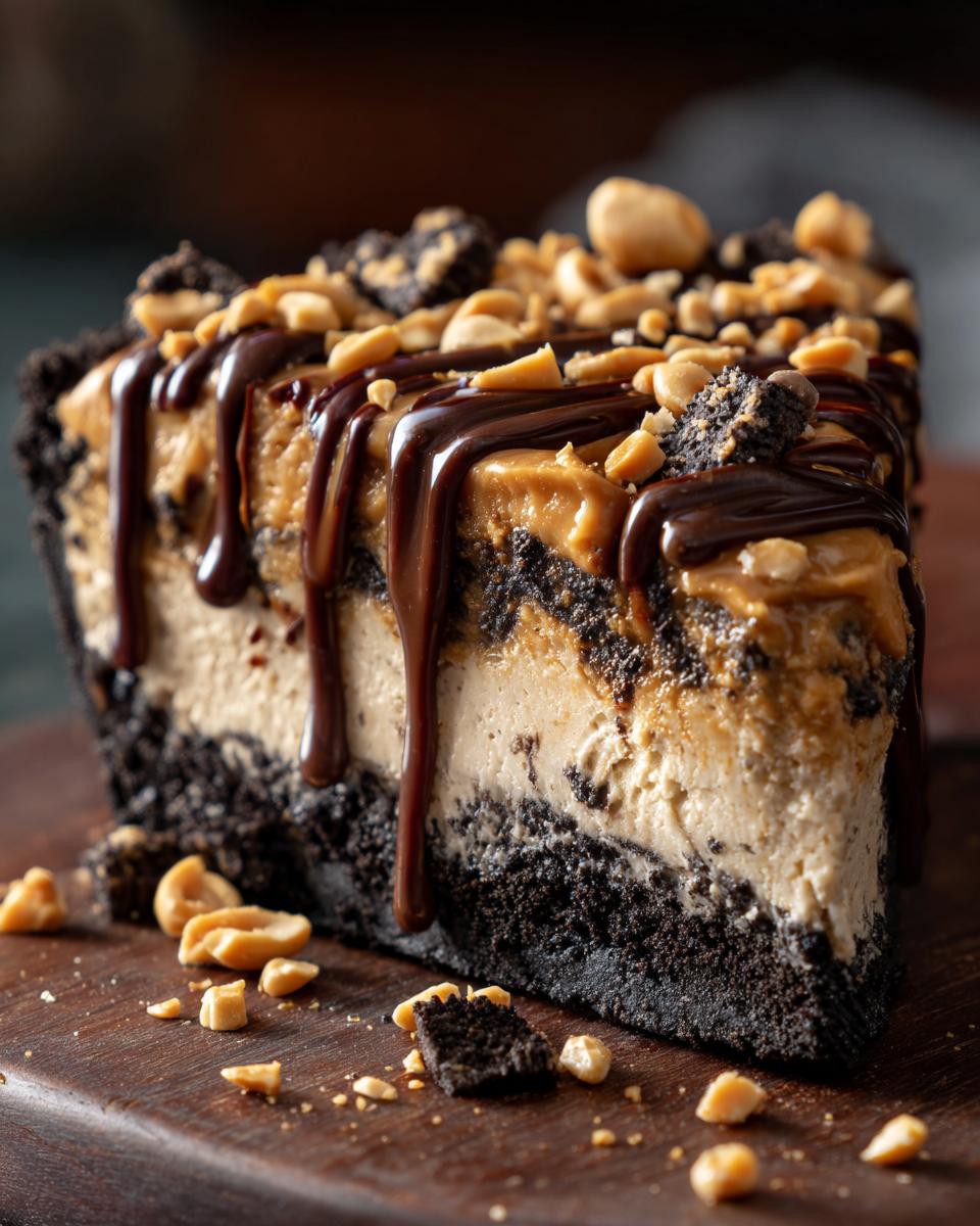 Close-up of a decadent slice of ice cream pie with peanut butter filling, chocolate crust, fudge drizzle, and peanuts.