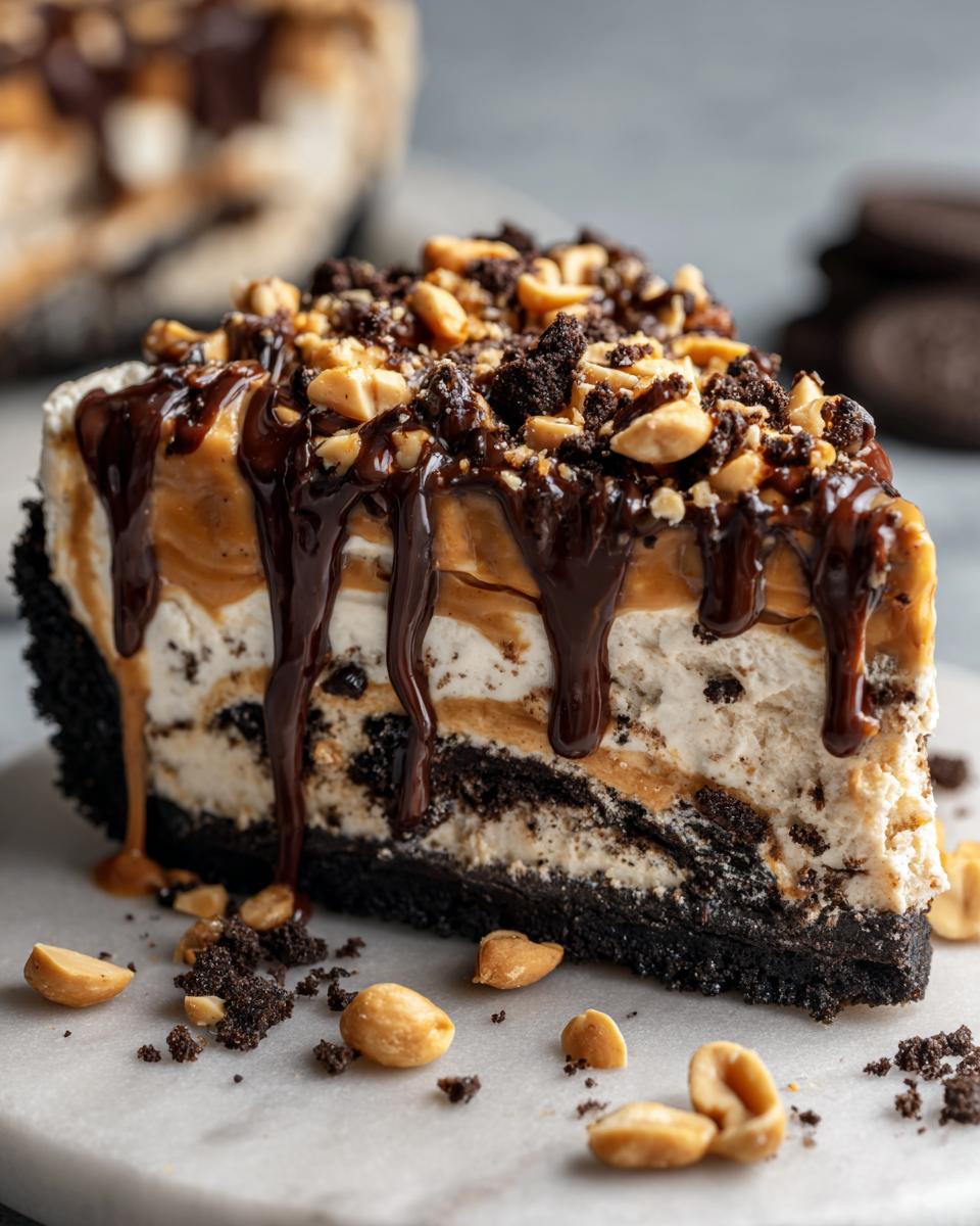Close-up of a rich slice of ice cream pie with peanut butter, chocolate drizzle, and chopped peanuts.
