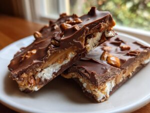 Close-up of two stacked slices of peanut butter pretzel bark showing layers of chocolate, peanut butter, and marshmallows.
