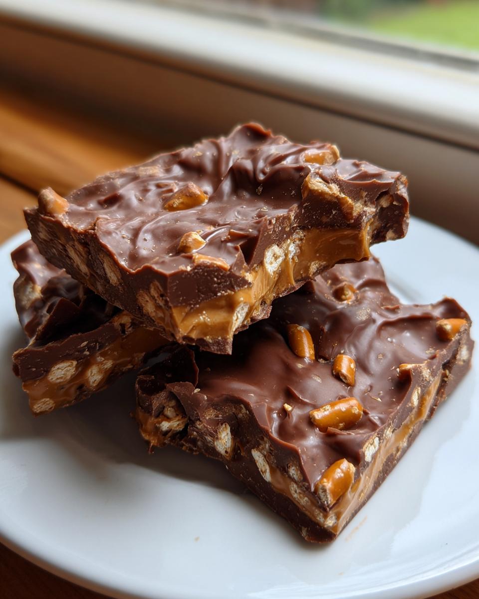 Close-up of stacked pieces of rich peanut butter pretzel bark covered in melted chocolate and topped with pretzel pieces.