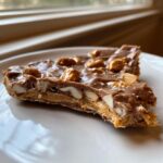 A cross-section view of a piece of peanut butter pretzel bark showing layers of chocolate, peanut butter, nuts, and pretzels.