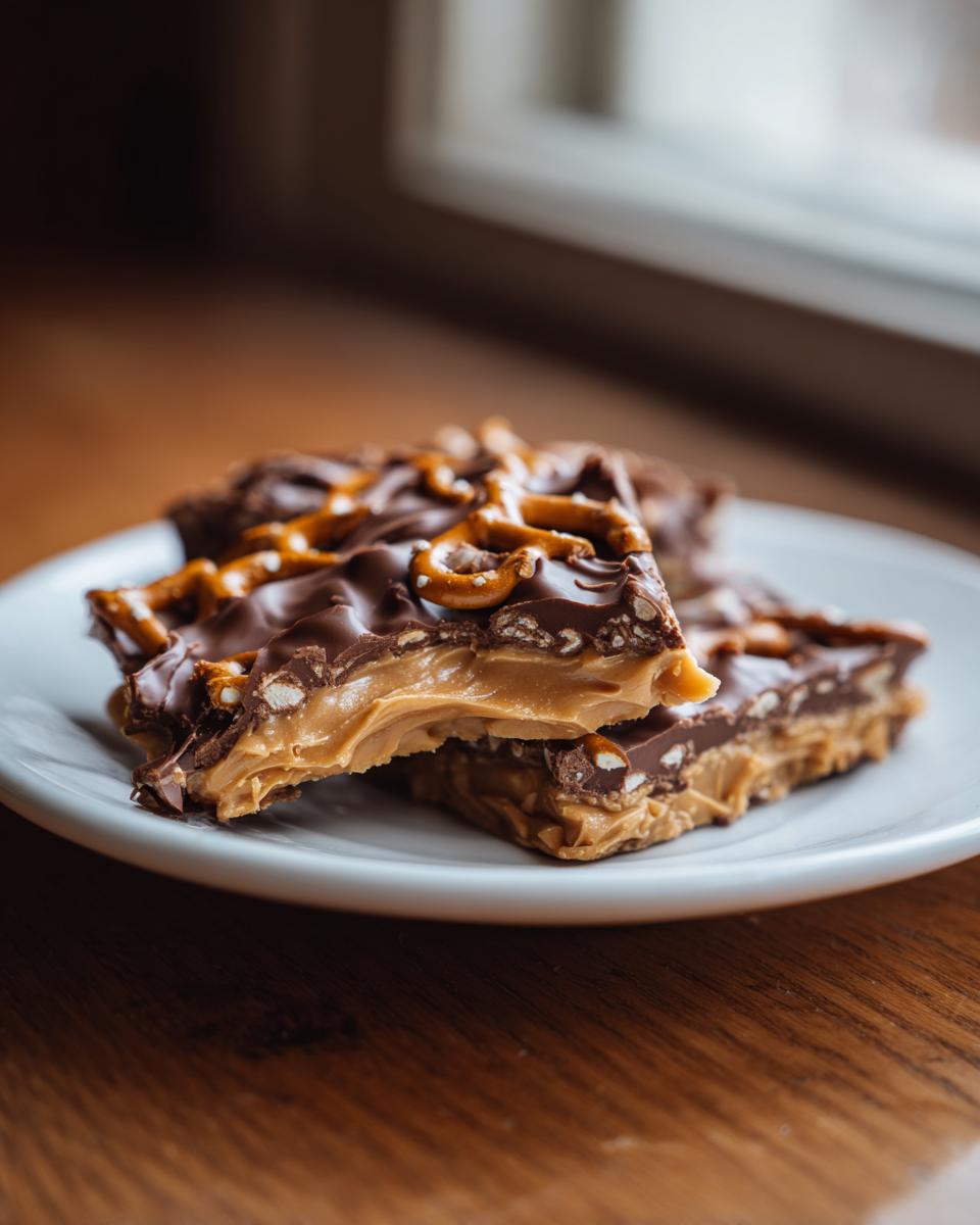 Two decadent squares of peanut butter pretzel bark stacked on a white plate, showing thick layers of peanut butter and chocolate topping.