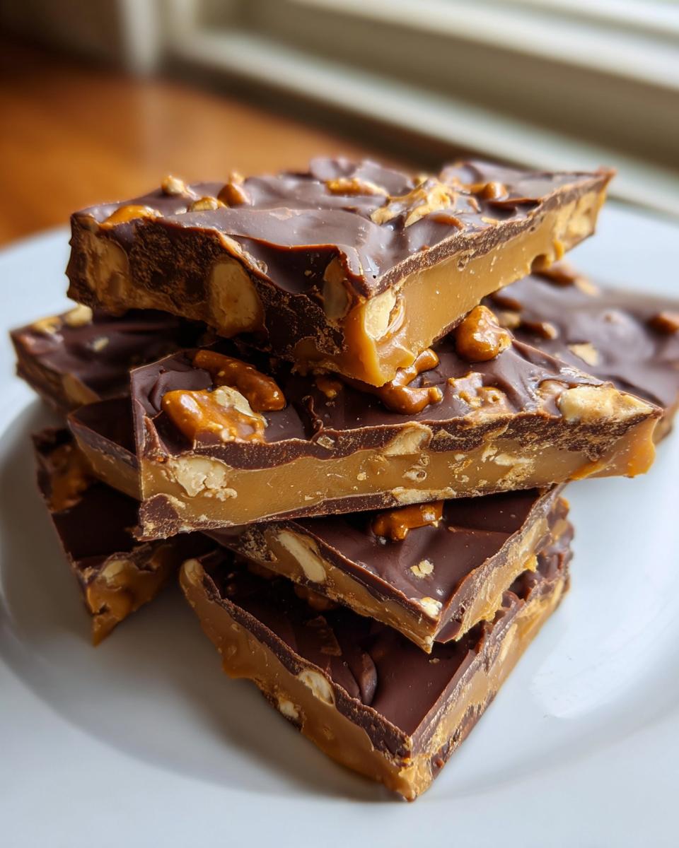 A stack of homemade peanut butter pretzel bark pieces showing layers of chocolate, peanut butter filling, and crushed pretzels.