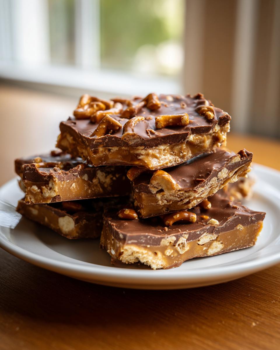 A stack of rich peanut butter pretzel bark squares topped with chocolate and whole pretzels.