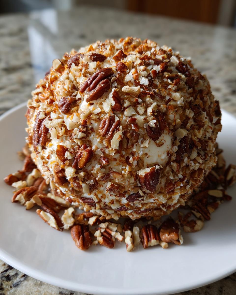 A perfectly round cheese ball recipe coated entirely in chopped pecans, resting on a white plate.