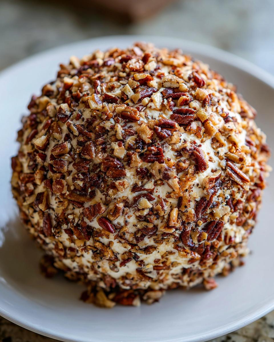 A perfectly formed cheese ball recipe coated entirely in chopped pecans, resting on a white plate.