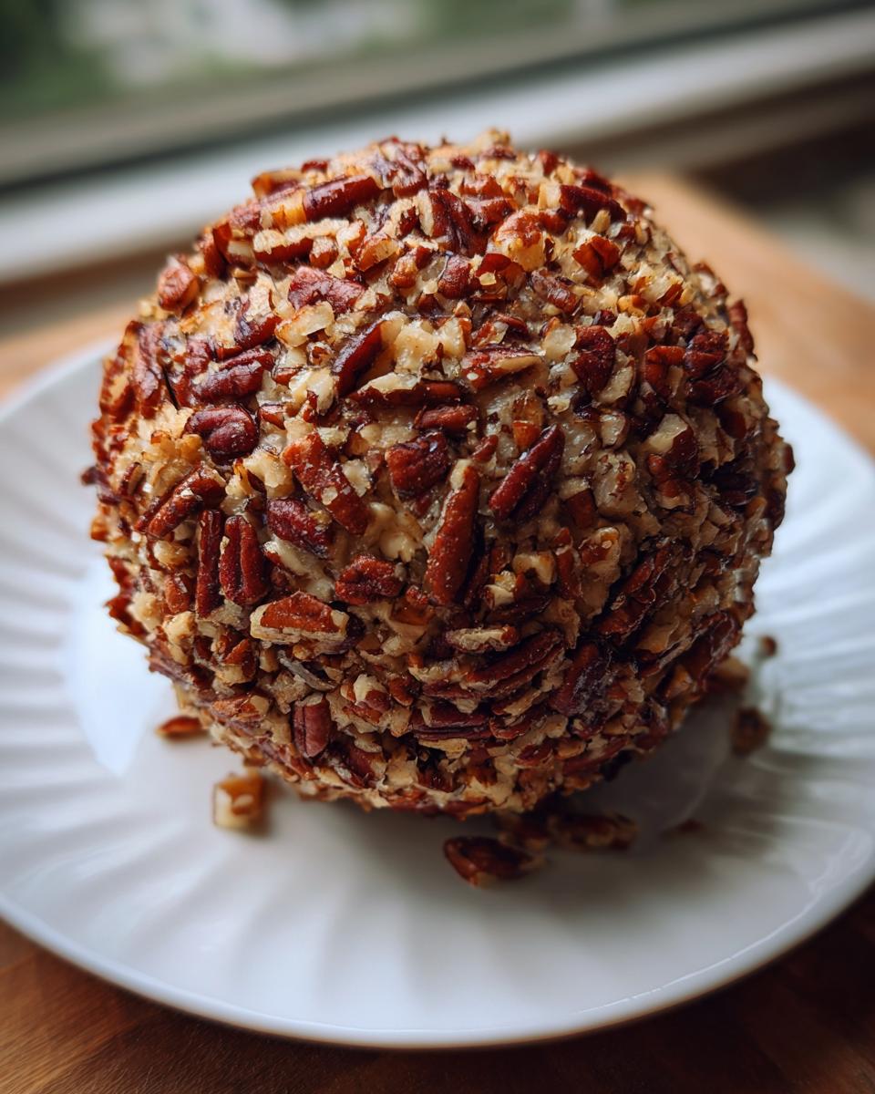 A perfectly shaped cheese ball recipe coated entirely in chopped pecans, resting on a white plate.