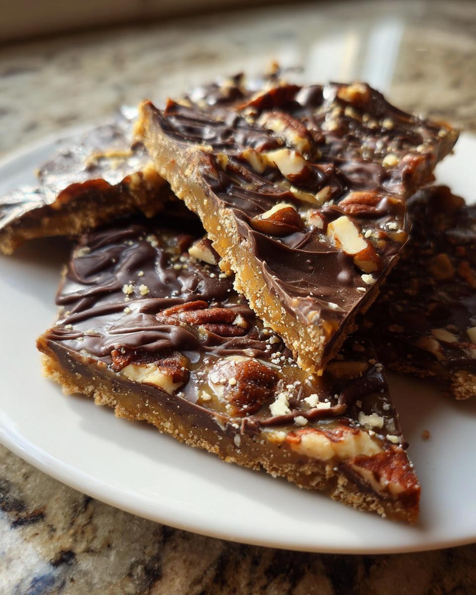 Close-up of broken pieces of rich pecan pie bark topped with chocolate and pecans on a white plate.